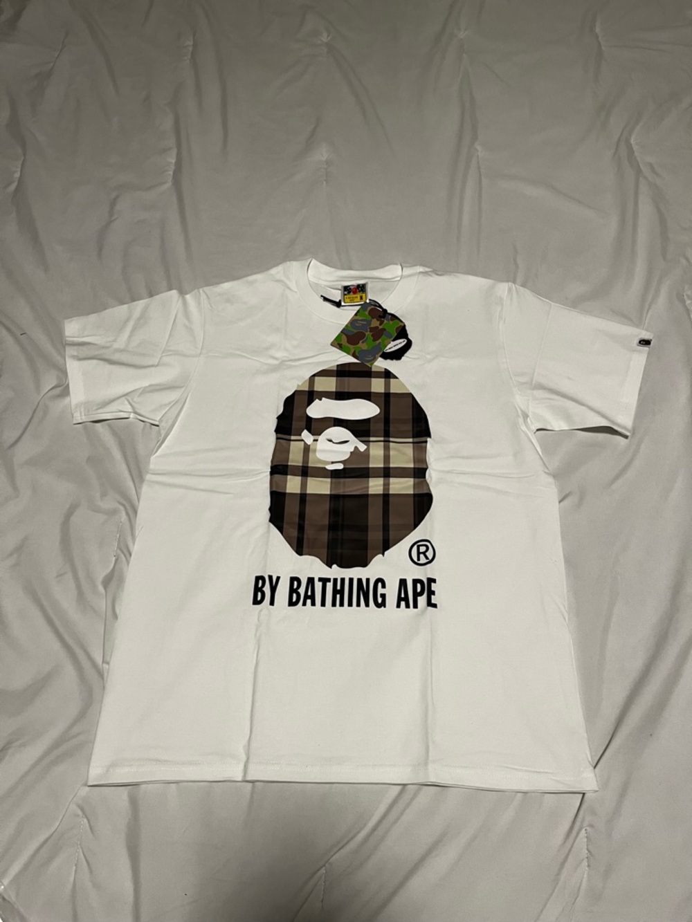 Bape White Tee with Brown Plaid Ape Head Graphic